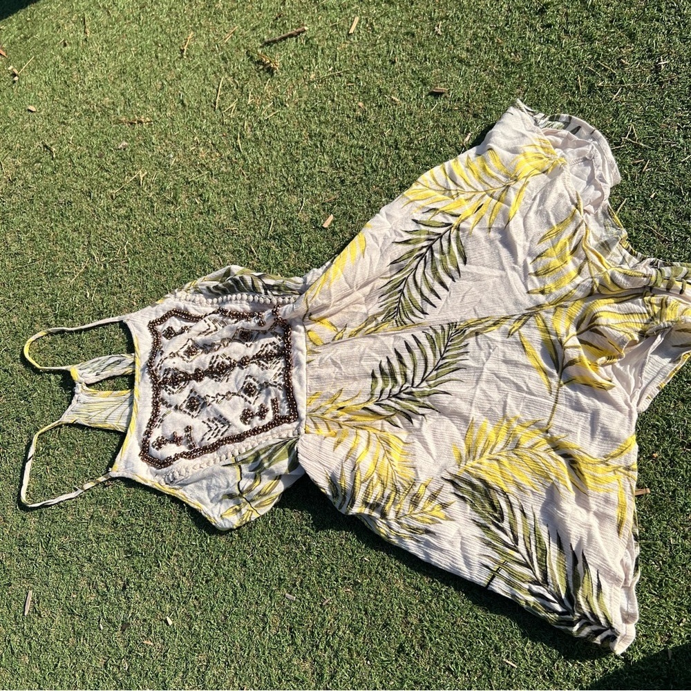 Altar'd State Cream and Yellow Leaf Print Romper botanical flowers embellished S - Picture 4 of 8